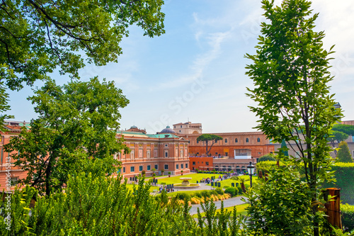 Rome, Vatican City, Italy - Panoramic view of the Vatican Museums with its Pinacotheca art gallery building of Leonardo da Vinci and the Square Garden