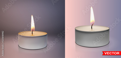 Realistic small round paraffin or wax aromatic decorative tealight candles in metal box with fire flame. On pink gray background. Vector icons set.