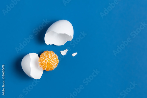 The concept of a broken egg, where instead of yolk peeled mandarin. Comic replacement of animal proteins with fruit. Funny veragatian breakfast. Substitution of objects based on shape and color.