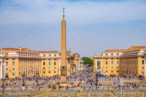 Rome, Italy - Panoramic view of the St. Peter’s Square - Piazza San Pietro - in Vatican City State, with the ancient Egyptian obelisk from Heliopolis, erected per order of pope Sixtus V