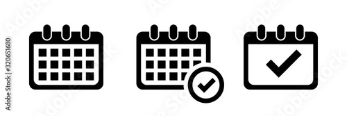 Calendar vector set of icons. Calendar reminder vector black symbol. Calendar with checkmark and clock.