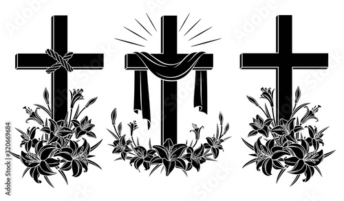 Cross with lilies. Religious Christian Easter Symbol. Set of crosses with lilies and shroud. Easter Sunday poster design element, card, greetings. Isolated black silhouette. Vector illustration