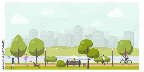 Public city park landscape flat illustration. Stock vector. People relaxing in city park, walking, playing with dog, riding bicycle.