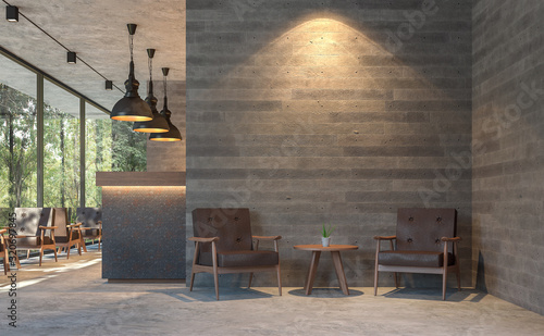 Loft style coffee shop with nature view 3d render,There are polished concrete floors, wood plank stamped concrete walls, decorate with brown leather furniture,Large window overlooking green garden.