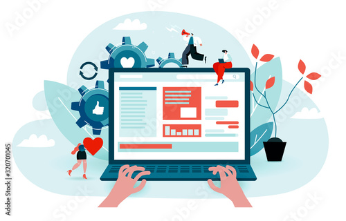 User surfs the internet, reads the news portal. Hands are typing on a laptop. Little characters help to find information. Blue and red colored vector illustration EPS 10 isolated on white