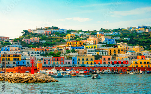 View of the harbor and port at Ponza, Lazio, Italy. Ponza is the largest island of the Italian Pontine Islands archipelago. Architecture and landmark of Ponza, Italy. Famous places of Ponza and Italy.