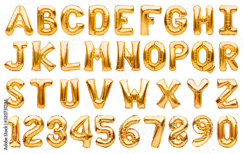 English alphabet and numbers made of golden inflatable helium balloons isolated on white. Gold foil balloon font, full alphabet set of upper case letters and numbers.