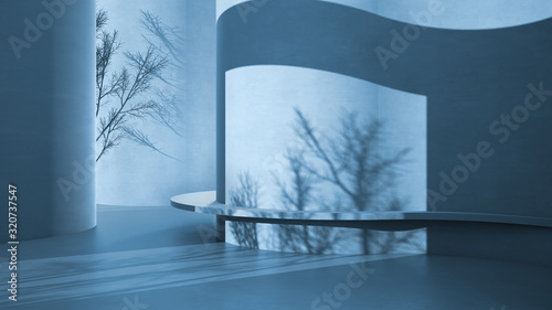 Abstract blue colored empty concrete interior, grunge background with round and curved structures, light and tree shadows, bench
