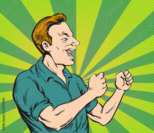 The man is laughing and holding his fists up. pop art retro vector illustration