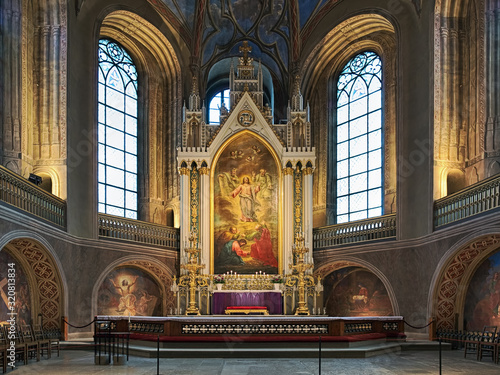 High altar of Turku Cathedral, Finland. The altarpiece was painted in 1836 by Swedish artist Fredrik Westin. The wall frescoes were created by court painter Robert Wilhelm Ekman in 1850-1854.