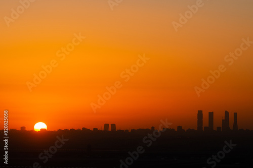 View of Madrid skyline at sunset showing the main skyscrapers