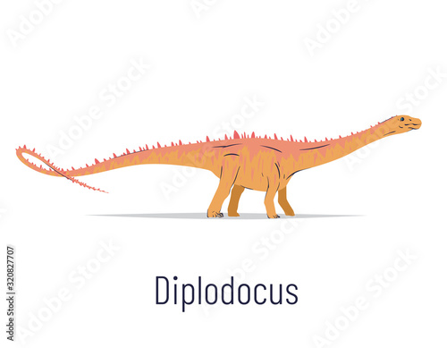 Diplodocus. Sauropodomorpha dinosaur. Colorful vector illustration of prehistoric creature diplodocus in hand drawn flat style isolated on white background. Huge fossil dinosaur.