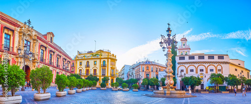 Panorama of Plaza de la Virgen de los Reyes in Seville, Spain