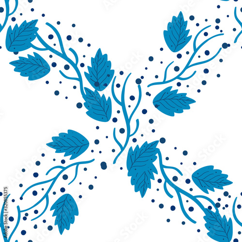 Blue plants leaves abstract fabric seamless pattern