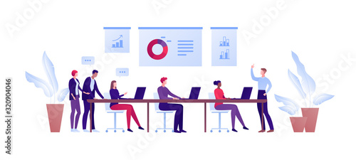 Business teamwork and coworking office concept. Vector flat person illustration. Man in suit make presentationto worker group sitting with laptop. Design element for banner, poster, background