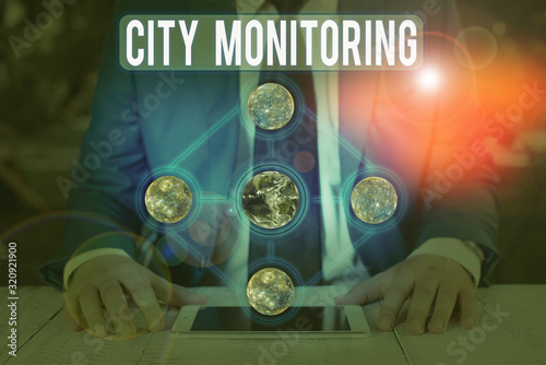 Word writing text City Monitoring. Business photo showcasing indicator level analysis pilot project on urban food systems Elements of this image furnished by NASA