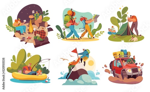 Camping tourist hiking people, adventures in nature vector illustration. Active cartoon characters outdoors, friends and family travel. Healthy lifestyle, backpacking trip, camp in nature, set tourist