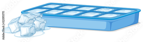 Ice tray with ice and melting ice cubes on white background