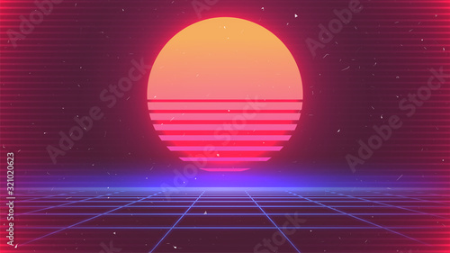 80s Sun Background. Retro Future Sunset Banner. Big Neon Sun. Synthwave Backdrop. Retrowave Style. Party flyer, poster, print template. 80s Sci-fi Vector Illustration