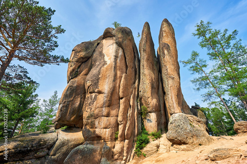 "The feathers" rock in the Stolby Nature Reserve in Krasnoyarsk