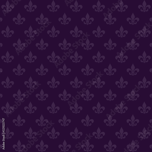 Seamless background with a staggered heraldic Lily on a noble purple background. Mardi Gras Carnival. Vector illustration isolated for design and web.