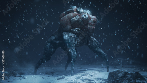 3d illustration of a cyberpunk scary monster spider standing on snowy ground with falling snow in the night scene. Futuristic post apocalypse mutant in metal armor. Concept art sci- fi alien character