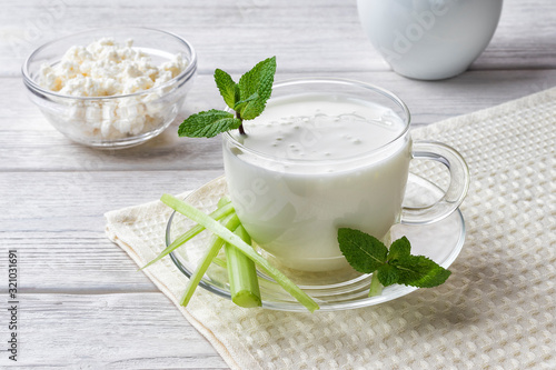 Airan or kefir drink, fermented milk drink, fermented probiotics on a white background