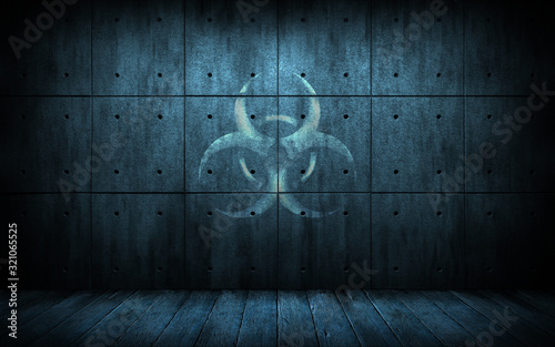 Grunge industrial background with biohazard symbol. Dark room with concrete slab walls with bio hazard sign. 3d illustration. Creative design backdrop