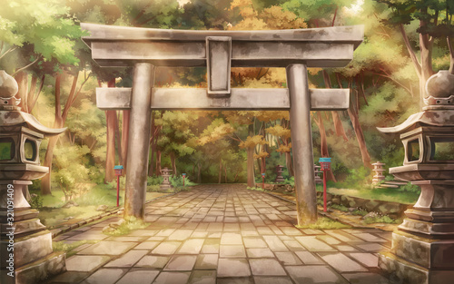 Torii forest - Afternoon , Anime background , Illustration. 