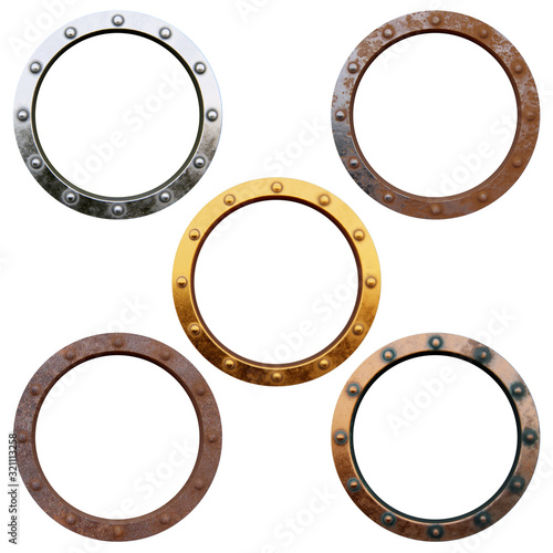 Five different round metal frames isolated on the white background