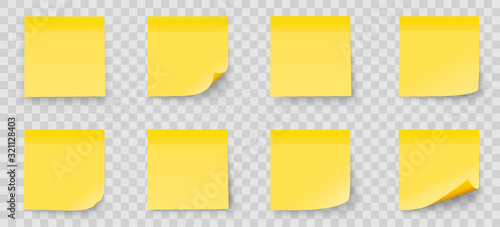 Realystic set stick note isolated on transparent background. Yellow color. Post it notes collection with shadow - stock vector.