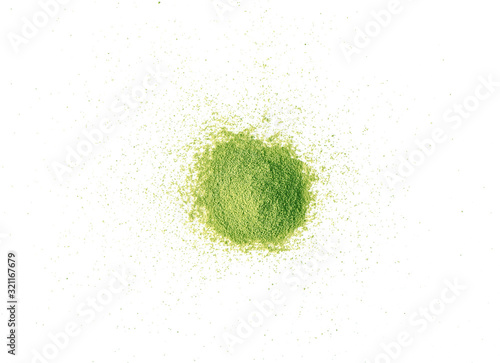 matcha green tea powder on white background top view