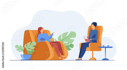 Woman visiting psychologist office. Patient sitting in armchair and talking to psychiatrist. Vector illustration for therapy session, psychotherapy counseling concept