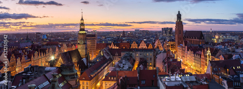 Wroclaw, Poland. Panoramic aerial cityscape at dusk 