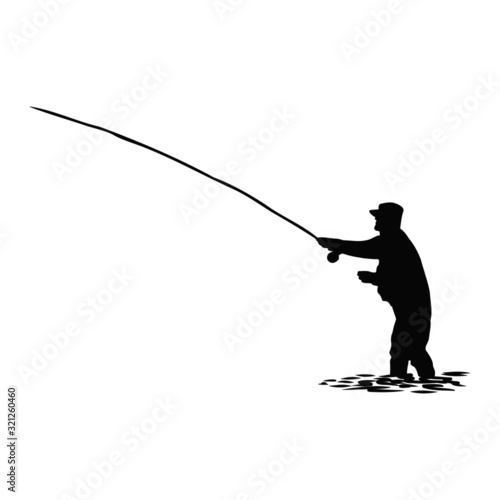 fisherman with a fishing rod in the river, vector sketch illustration