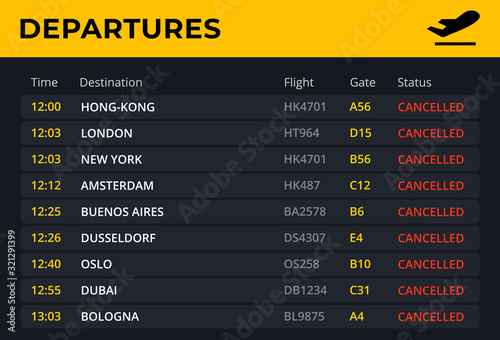 Departure board with all flights cancelled status. Airport schedule template with all flight info: time, destination, gate. Electronic board concept for railway station . Vector illustration.