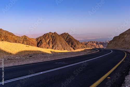 Road to Eilat from the west. Eilat mountais and the Aqaba gulf