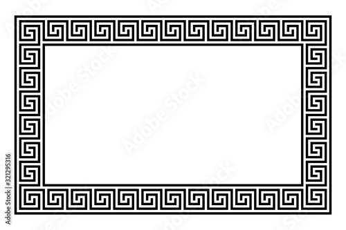 Rectangle framed disconnected meander pattern made of seamless meanders. Meandros. Decorative border of interrupted lines shaped into repeated motif. Greek fret or key. Illustration over white. Vector