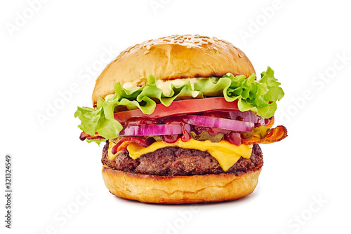Juicy hamburger on white background