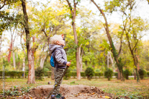 Little boy looks into the distance in autumn forest