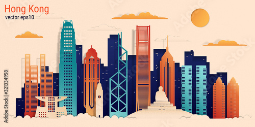 Hong Kong city colorful paper cut style, vector stock illustration. Cityscape with all famous buildings. Skyline Hong Kong city composition for design.