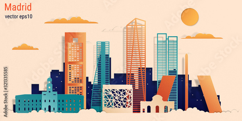 Madrid city colorful paper cut style, vector stock illustration. Cityscape with all famous buildings. Skyline Madrid city composition for design.