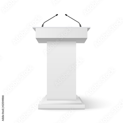 Tribune podium rostrum speech stand. Conference stage with microphone, press or debate speaker isolated orator pulpit