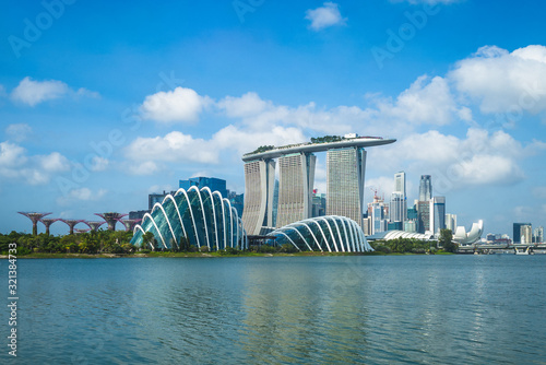 singapore - February 3, 2020: skyline of singapore at the marina bay with iconic building such as supertree, marina bay sands, artscience museum.