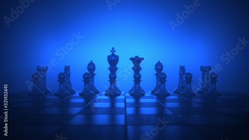 A chessboard on the wooden table. 3d illustration.