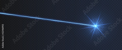 Blue laser beam light effect isolated on transparent background. turquoise neon light ray with sparkles.