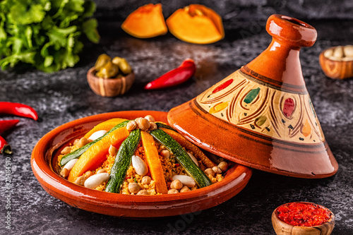 Vegetable tagine with almond and chickpea couscous.