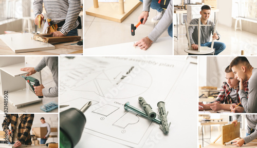 Collage of photos with handymen assembling furniture in workshop