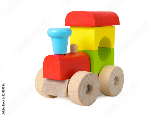 Colorful wooden toy train isolated on white background