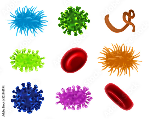 A set of microscopic medical molecule icons. Virus, bacteria and red blood cells
